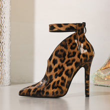 Load image into Gallery viewer, Crystal Cut-Out Ankle Leopard Stilletto Point Boots
