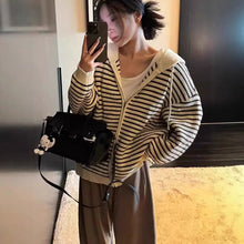 Load image into Gallery viewer, Women's Striped Apricot Knit Drawstring Hooded Loose Cardigan

