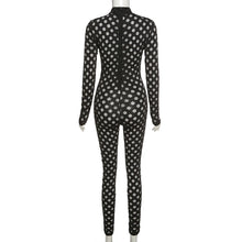 Load image into Gallery viewer, Hollow Out Jumpsuits Women 2021 Turtleneck Sexy Net Plaid Hole Skinny Elastic Club Streetwear Solid Rompers Female Outfits
