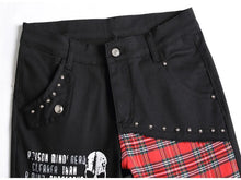 Load image into Gallery viewer, Men's Scotland Red Plaid Tartan Patchwork Jeans Punk Rivet Patch Black Denim Pants Skull Letters Printed Slim Straight Trousers
