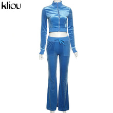 Charger l'image dans la galerie, Kliou Solid Velour Two Piece Set Women Simple Casual Zipper Long Sleeve Turtleneck Top+Bandage Lace Slim Female Wide Leg Pants
