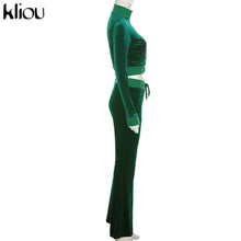 Charger l'image dans la galerie, Kliou Solid Velour Two Piece Set Women Simple Casual Zipper Long Sleeve Turtleneck Top+Bandage Lace Slim Female Wide Leg Pants
