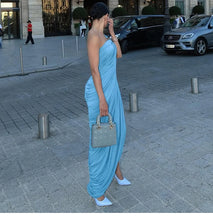 Lade das Bild in den Galerie-Viewer, Blue Vintage Midi Slanted Fold Split Design Dress
