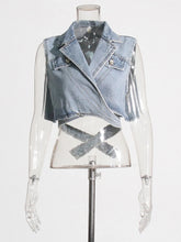 Lade das Bild in den Galerie-Viewer, Plus Size  Blue Lapel Sleeveless Solid Color Denim Jackets
