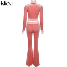 Charger l'image dans la galerie, Kliou Solid Velour Two Piece Set Women Simple Casual Zipper Long Sleeve Turtleneck Top+Bandage Lace Slim Female Wide Leg Pants
