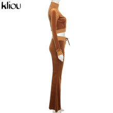 Charger l'image dans la galerie, Kliou Solid Velour Two Piece Set Women Simple Casual Zipper Long Sleeve Turtleneck Top+Bandage Lace Slim Female Wide Leg Pants
