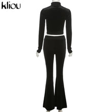 Charger l'image dans la galerie, Kliou Solid Velour Two Piece Set Women Simple Casual Zipper Long Sleeve Turtleneck Top+Bandage Lace Slim Female Wide Leg Pants
