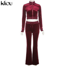 Charger l'image dans la galerie, Kliou Solid Velour Two Piece Set Women Simple Casual Zipper Long Sleeve Turtleneck Top+Bandage Lace Slim Female Wide Leg Pants
