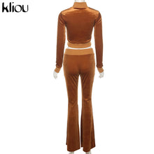 Charger l'image dans la galerie, Kliou Solid Velour Two Piece Set Women Simple Casual Zipper Long Sleeve Turtleneck Top+Bandage Lace Slim Female Wide Leg Pants
