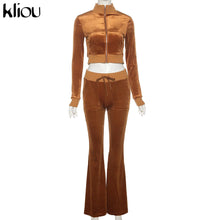 Charger l'image dans la galerie, Kliou Solid Velour Two Piece Set Women Simple Casual Zipper Long Sleeve Turtleneck Top+Bandage Lace Slim Female Wide Leg Pants
