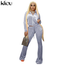 Charger l'image dans la galerie, Kliou Solid Velour Two Piece Set Women Simple Casual Zipper Long Sleeve Turtleneck Top+Bandage Lace Slim Female Wide Leg Pants
