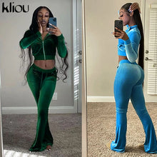 Charger l'image dans la galerie, Kliou Solid Velour Two Piece Set Women Simple Casual Zipper Long Sleeve Turtleneck Top+Bandage Lace Slim Female Wide Leg Pants
