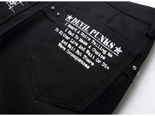 Load image into Gallery viewer, Men's Scotland Red Plaid Tartan Patchwork Jeans Punk Rivet Patch Black Denim Pants Skull Letters Printed Slim Straight Trousers
