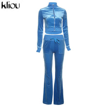 Charger l'image dans la galerie, Kliou Solid Velour Two Piece Set Women Simple Casual Zipper Long Sleeve Turtleneck Top+Bandage Lace Slim Female Wide Leg Pants
