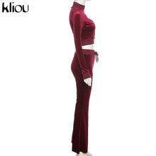 Charger l'image dans la galerie, Kliou Solid Velour Two Piece Set Women Simple Casual Zipper Long Sleeve Turtleneck Top+Bandage Lace Slim Female Wide Leg Pants
