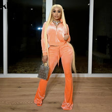 Charger l'image dans la galerie, Kliou Solid Velour Two Piece Set Women Simple Casual Zipper Long Sleeve Turtleneck Top+Bandage Lace Slim Female Wide Leg Pants
