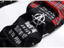 Load image into Gallery viewer, Men's Scotland Red Plaid Tartan Patchwork Jeans Punk Rivet Patch Black Denim Pants Skull Letters Printed Slim Straight Trousers
