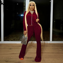 Charger l'image dans la galerie, Kliou Solid Velour Two Piece Set Women Simple Casual Zipper Long Sleeve Turtleneck Top+Bandage Lace Slim Female Wide Leg Pants

