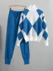 Cargar imagen en el visor de la galería, Women's Sweater + Long Pants O-neck Tops Autumn Winter Plaid 2 Piece Set Knitwear Casual Knit Printed Suits
