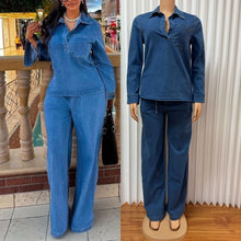 Lade das Bild in den Galerie-Viewer, Chic Design Denim Long Sleeve Lapel Pocket Top Lace up Straight Jeans
