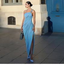 Lade das Bild in den Galerie-Viewer, Blue Vintage Midi Slanted Fold Split Design Dress
