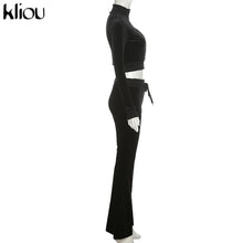 Charger l'image dans la galerie, Kliou Solid Velour Two Piece Set Women Simple Casual Zipper Long Sleeve Turtleneck Top+Bandage Lace Slim Female Wide Leg Pants
