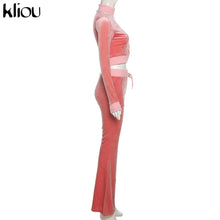 Charger l'image dans la galerie, Kliou Solid Velour Two Piece Set Women Simple Casual Zipper Long Sleeve Turtleneck Top+Bandage Lace Slim Female Wide Leg Pants
