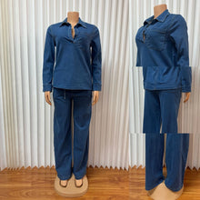 Lade das Bild in den Galerie-Viewer, Chic Design Denim Long Sleeve Lapel Pocket Top Lace up Straight Jeans
