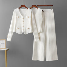 Load image into Gallery viewer, Short Cardigan and High Waist Loose  Three Piece Pants Set
