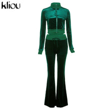 Charger l'image dans la galerie, Kliou Solid Velour Two Piece Set Women Simple Casual Zipper Long Sleeve Turtleneck Top+Bandage Lace Slim Female Wide Leg Pants
