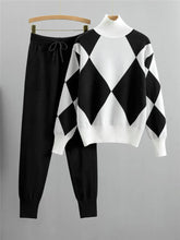 Cargar imagen en el visor de la galería, Women's Sweater + Long Pants O-neck Tops Autumn Winter Plaid 2 Piece Set Knitwear Casual Knit Printed Suits
