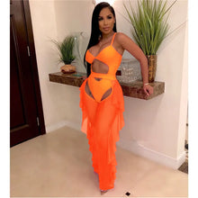 Load image into Gallery viewer, Sexy 2 Piece Sets Women Sheer Mesh Bodysuit Top and Ruffles Pants Set Summer Swimwear Vacation Party Club Wear Two Piece Outfits
