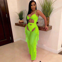 Load image into Gallery viewer, Sexy 2 Piece Sets Women Sheer Mesh Bodysuit Top and Ruffles Pants Set Summer Swimwear Vacation Party Club Wear Two Piece Outfits
