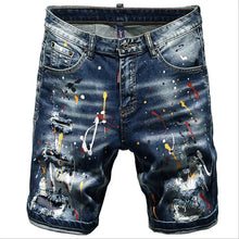 Load image into Gallery viewer, Men Summer Blue Shorts Jeans Holes Denim Shorts Paint Casual Streetwear Jeasn Shorts High Quality Men Slim Fit Stretch Jeans 38
