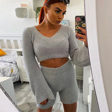 Load image into Gallery viewer, Casual Flare Sleeve Sweatshirts 2 Piece Shorts Set
