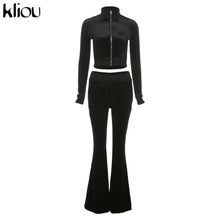 Charger l'image dans la galerie, Kliou Solid Velour Two Piece Set Women Simple Casual Zipper Long Sleeve Turtleneck Top+Bandage Lace Slim Female Wide Leg Pants
