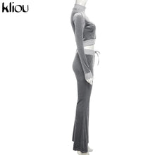 Charger l'image dans la galerie, Kliou Solid Velour Two Piece Set Women Simple Casual Zipper Long Sleeve Turtleneck Top+Bandage Lace Slim Female Wide Leg Pants
