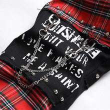Load image into Gallery viewer, Men's Scotland Red Plaid Tartan Patchwork Jeans Punk Rivet Patch Black Denim Pants Skull Letters Printed Slim Straight Trousers
