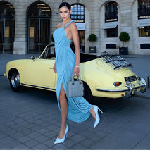 Lade das Bild in den Galerie-Viewer, Blue Vintage Midi Slanted Fold Split Design Dress
