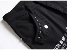 Load image into Gallery viewer, Men's Scotland Red Plaid Tartan Patchwork Jeans Punk Rivet Patch Black Denim Pants Skull Letters Printed Slim Straight Trousers
