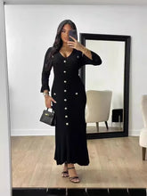 画像をギャラリービューアに読み込む, Temperament V-neck Slim Button Down Solid Color Knitted Long Sleeved Dress
