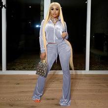 Charger l'image dans la galerie, Kliou Solid Velour Two Piece Set Women Simple Casual Zipper Long Sleeve Turtleneck Top+Bandage Lace Slim Female Wide Leg Pants
