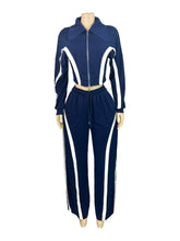 Load image into Gallery viewer, Color Patchwork  Zip Full Sleeve Crop Top Dawstring Pants  Suits
