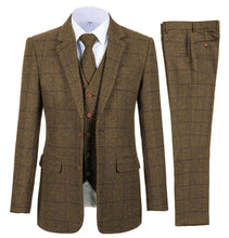 Load image into Gallery viewer, Men's 3 Piece Suits Bussiness Formal Notch Lapel Groomsmen Woolen Plaid Tuxedos for Party Activities Wedding (Blazer+Vest+Pant)
