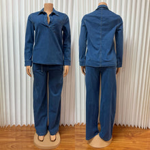 Lade das Bild in den Galerie-Viewer, Chic Design Denim Long Sleeve Lapel Pocket Top Lace up Straight Jeans Set
