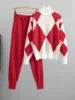 Cargar imagen en el visor de la galería, Women's Sweater + Long Pants O-neck Tops Autumn Winter Plaid 2 Piece Set Knitwear Casual Knit Printed Suits
