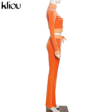 Charger l'image dans la galerie, Kliou Solid Velour Two Piece Set Women Simple Casual Zipper Long Sleeve Turtleneck Top+Bandage Lace Slim Female Wide Leg Pants
