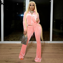 Charger l'image dans la galerie, Kliou Solid Velour Two Piece Set Women Simple Casual Zipper Long Sleeve Turtleneck Top+Bandage Lace Slim Female Wide Leg Pants
