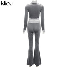 Charger l'image dans la galerie, Kliou Solid Velour Two Piece Set Women Simple Casual Zipper Long Sleeve Turtleneck Top+Bandage Lace Slim Female Wide Leg Pants
