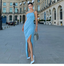 Lade das Bild in den Galerie-Viewer, Blue Vintage Midi Slanted Fold Split Design Dress
